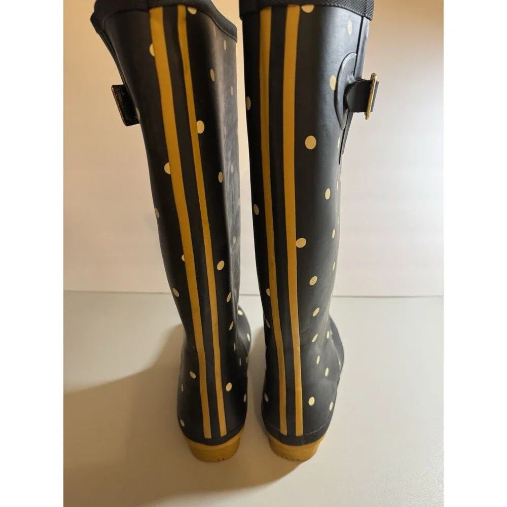 Joules Womens Molly Welly Tall Rain Boots, Polka Dot US Size 8 Black Yellow Cute